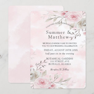 Chic Pink and Grey Watercolor Peony Rustic Wedding Invitation