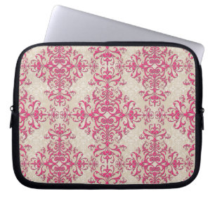 Chic Pink and Off White Floral Damask Pattern Laptop Sleeve