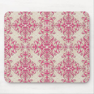 Chic Pink and Off White Floral Damask Pattern Mouse Mat