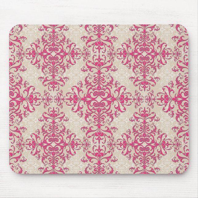 Chic Pink and Off White Floral Damask Pattern Mouse Mat (Front)