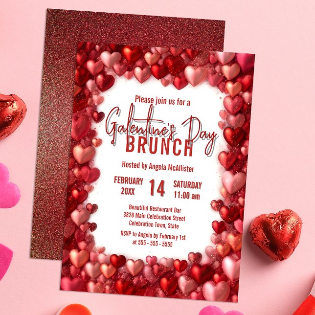 Chic Pink and Red Hearts Galentine's Brunch Invitation (Creator Uploaded)