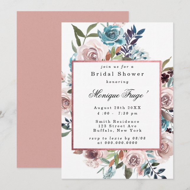Chic Pink and Teal Peony Bridal Shower  Invitation (Front/Back)