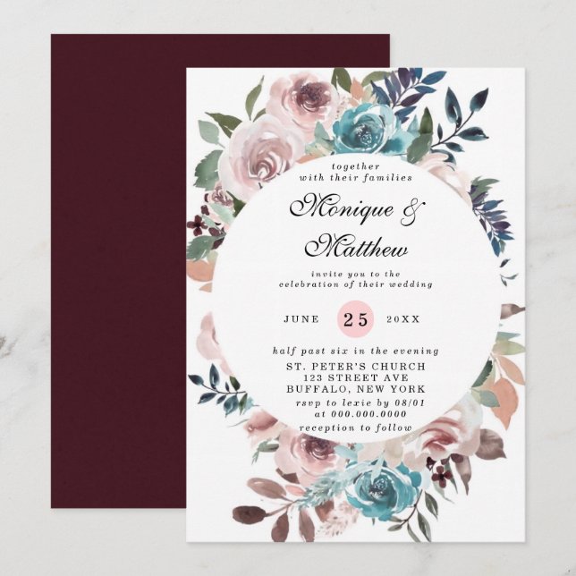 Chic Pink and Teal Watercolor Peonies Wedding  Invitation (Front/Back)