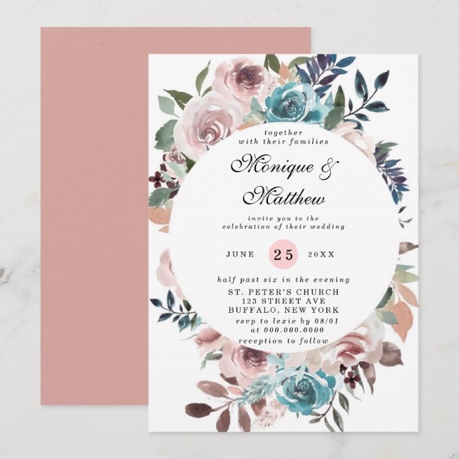 Chic Pink and Teal Watercolor Peony Wedding Invita Invitation (Front/Back)