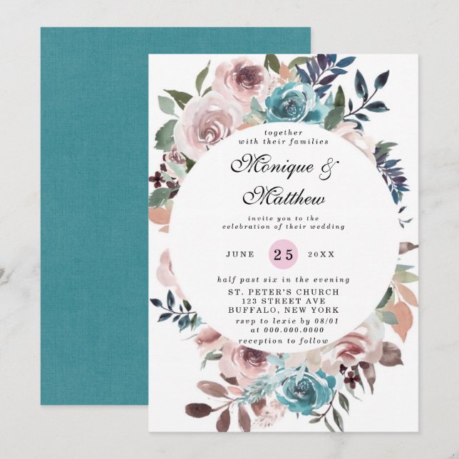 Chic Pink and Teal Watercolor Peony Wedding Invitation (Front/Back)