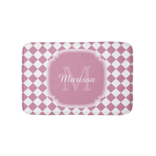 Chic Pink and White Checked Monogrammed Name Bath Mat