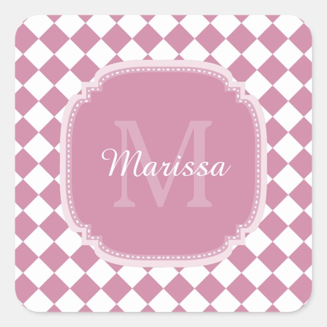 Chic Pink and White Checked Monogrammed Name Square Sticker (Front)