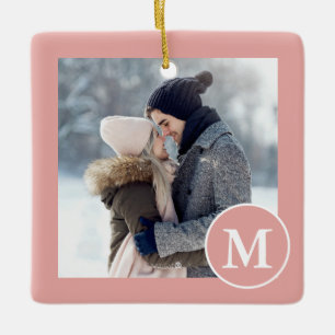 Chic Pink and White Monogram Photo Ceramic Ornament