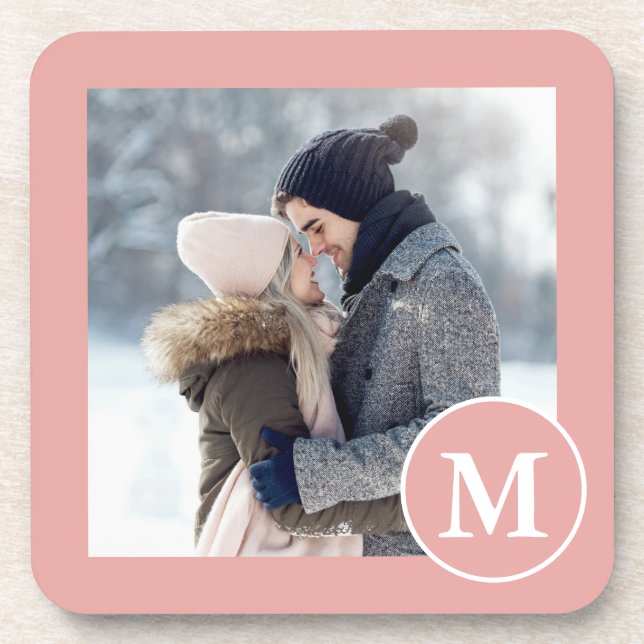 Chic Pink and White Monogram Photo Coaster (Front)