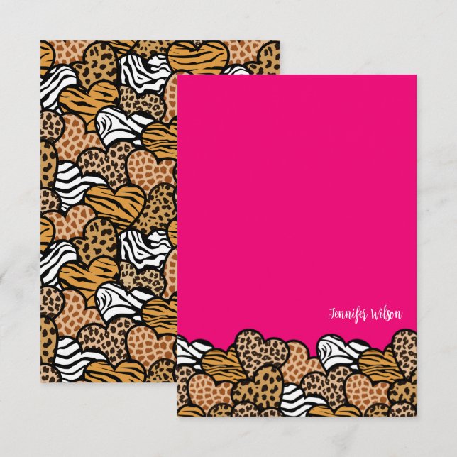 Chic Pink Animal Print Heart Valentine Custom Name Thank You Card (Front/Back)