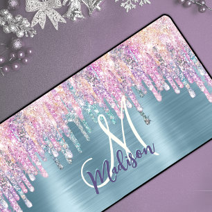 Chic pink aqua unicorn dripping glitter monogram desk mat