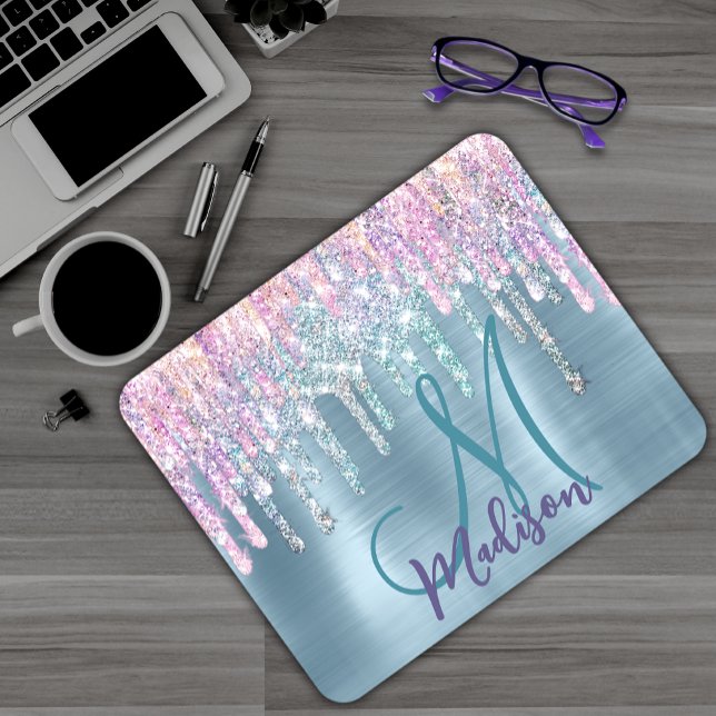 Chic pink aqua unicorn dripping glitter monogram mouse mat (Creator Uploaded)