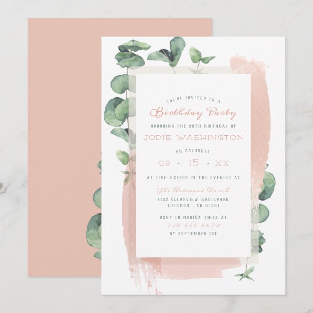 Chic Pink Aquarelle Brush Floral Birthday Party Invitation (Front/Back)