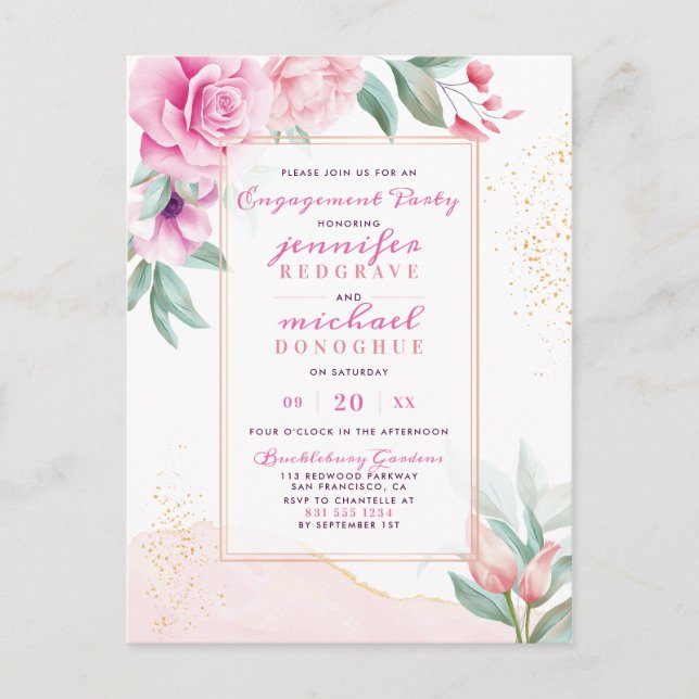 Chic Pink Aquarelle Roses Floral Engagement Party Invitation Postcard (Front)