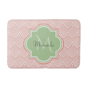 Chic Pink Arched Scallops Soft Green Monogram Name Bath Mat
