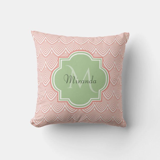 Chic Pink Arched Scallops Soft Green Monogram Name Cushion (Front)