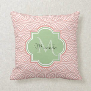 Chic Pink Arched Scallops Soft Green Monogram Name Cushion