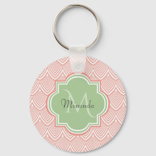 Chic Pink Arched Scallops Soft Green Monogram Name Key Ring