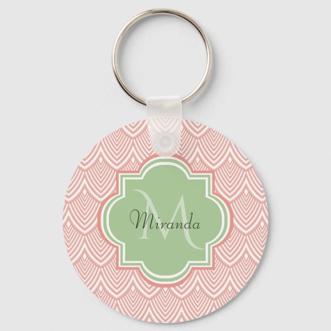 Chic Pink Arched Scallops Soft Green Monogram Name Key Ring (Front)