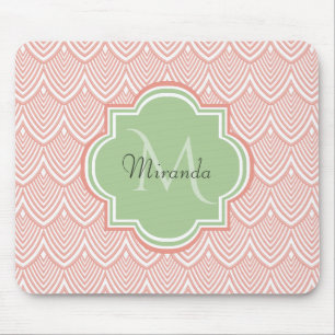 Chic Pink Arched Scallops Soft Green Monogram Name Mouse Mat