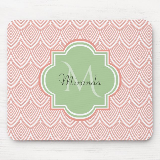Chic Pink Arched Scallops Soft Green Monogram Name Mouse Mat (Front)