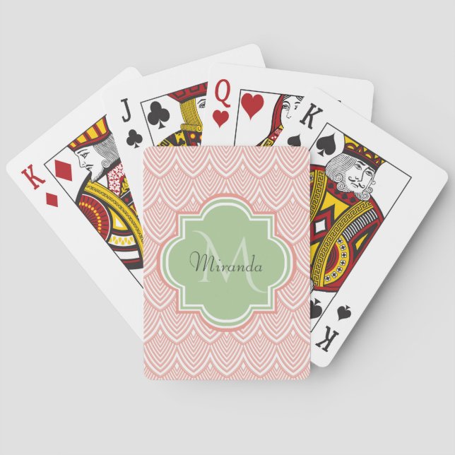 Chic Pink Arched Scallops Soft Green Monogram Name Playing Cards (Back)