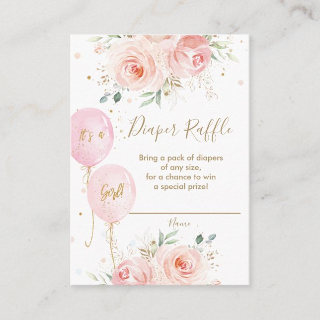 Chic Pink Balloons Blush Floral Diaper Raffle Enclosure Card (Front)