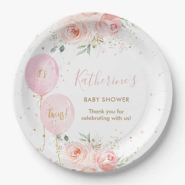 Chic Pink Balloons Floral Twins Baby Shower Paper Plate (Front)