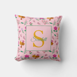 Chic Pink Bee and Floral Design Name & Monogram Cushion
