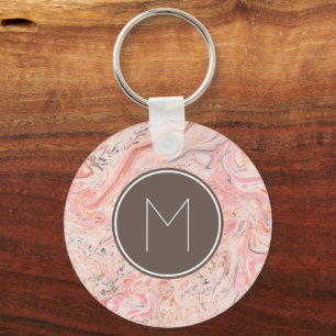 Chic Pink Beige Grey Marble Monogram Key Ring