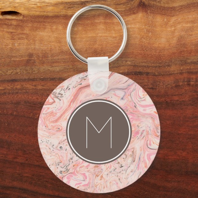 Chic Pink Beige Grey Marble Monogram Key Ring (Front)
