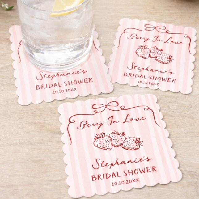 Chic Pink Berry In Love Bridal Shower Personalised Paper Coaster (Creator Uploaded)
