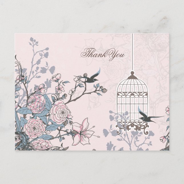Chic pink bird cage, love birds Thank You Postcard (Front)