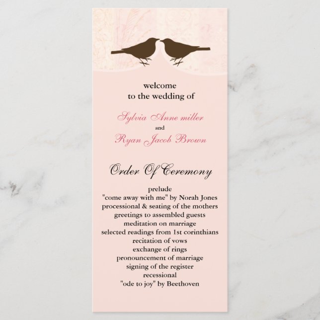 Chic pink bird cage, love birds wedding programs programme (Front)