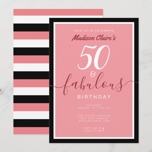 Chic Pink Black and White 50 and Fabulous Birthday Invitation (Front/Back)