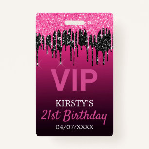 Chic Pink Black Dripping Glitter Birthday Party ID Badge