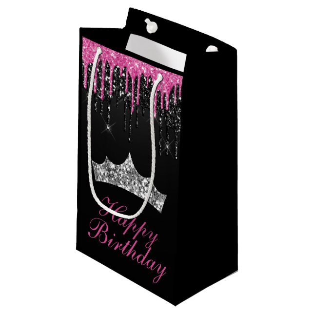 Chic Pink Black Dripping Glitter Tiara Birthday Small Gift Bag (Front Angled)