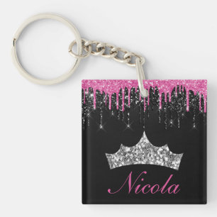 Chic Pink Black Dripping Glitter Tiara Name Key Ring