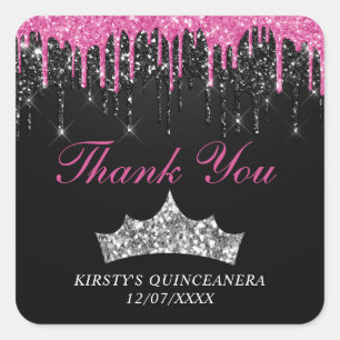 Chic Pink Black Dripping Glitter Tiara Quinceanera Square Sticker