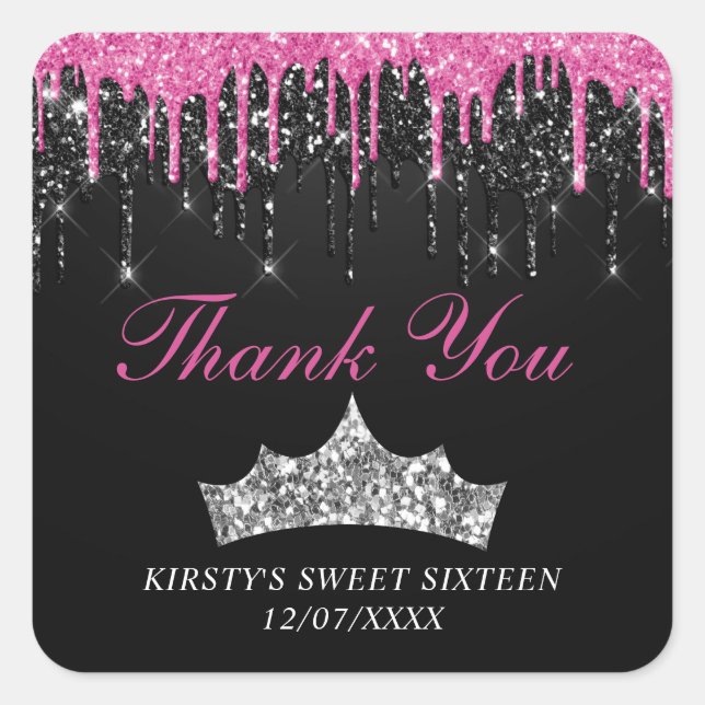 Chic Pink Black Dripping Glitter Tiara Sweet 16 Square Sticker (Front)