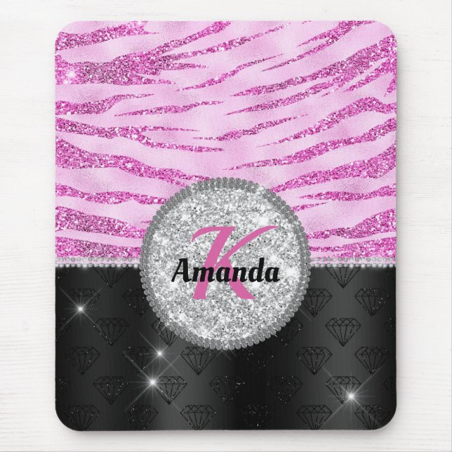 Chic pink black faux glitter animal print monogram mouse mat (Front)
