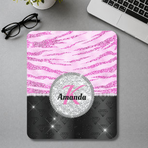 Chic pink black faux glitter animal print monogram mouse mat