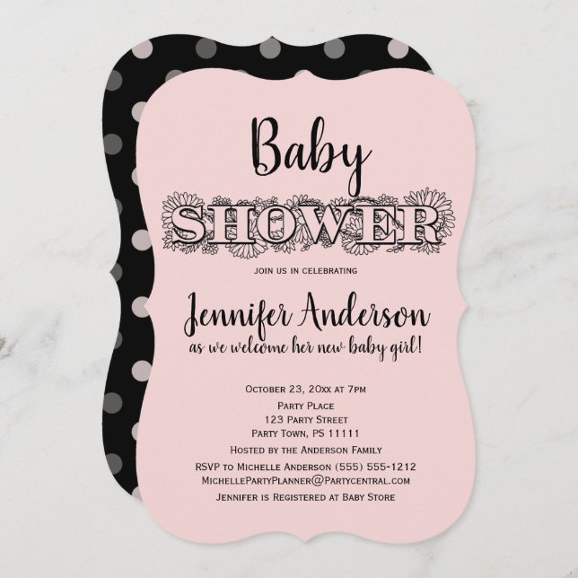 Chic Pink Black Floral Polka Dot Baby Shower Invitation (Front/Back)