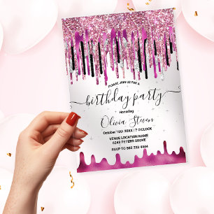 Chic pink black glitter drips monogram birthday  acrylic invitations