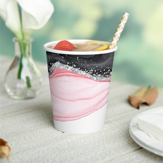 Chic Pink & Black Marble Paper Cups (Insitu)