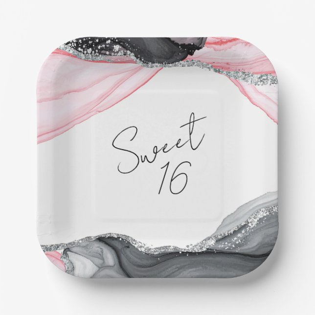 Chic Pink & Black Marble Sweet 16 Paper Plates (Front)