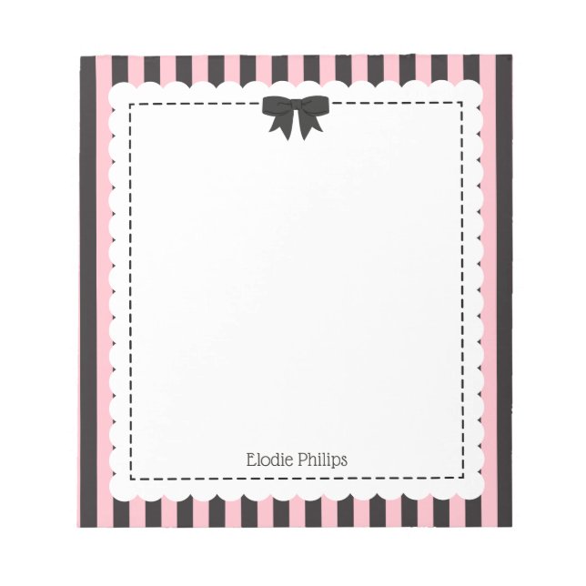 Chic Pink Black Stripes Scalloped Edges & Bow Notepad (Front)