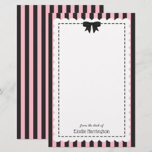 Chic Pink Black Stripes Scalloped Edges & Bow Stationery