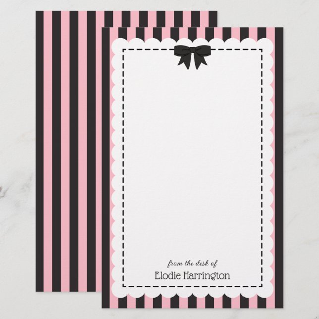 Chic Pink Black Stripes Scalloped Edges & Bow Stationery (Front/Back)