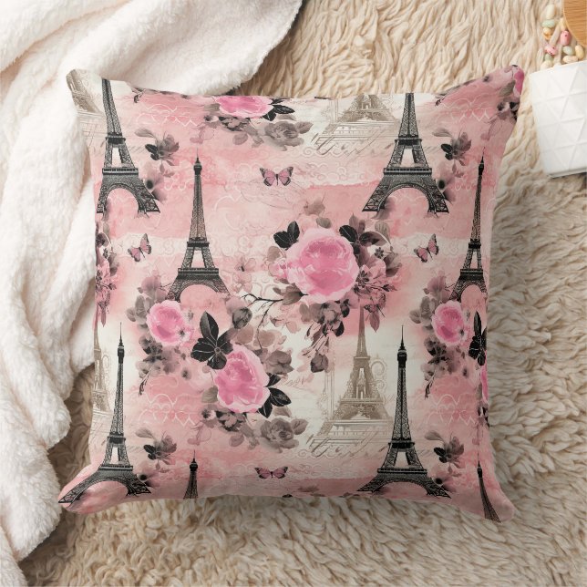 Chic Pink Black & White Eiffel Tower Paris French Cushion (Blanket)